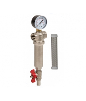 Aquafilter mechanikai előszűrő RÉZ szűrőházban, nyomásmérővel, 100 mikron, 1", 93°C-ig