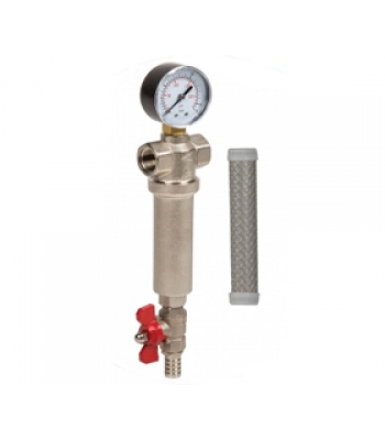 Aquafilter mechanikai előszűrő RÉZ szűrőházban, nyomásmérővel, 100 mikron, 1", 93°C-ig